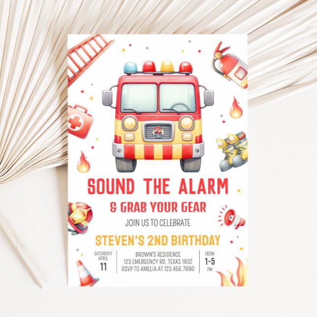 Invitation Camion de pompiers sonne l'alarme Anniversaire (Fire Truck Birthday Party Invitation)