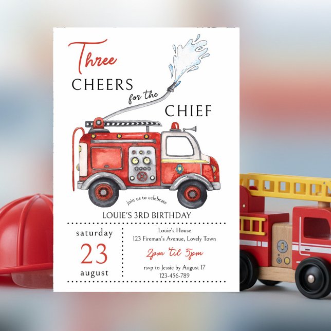 Invitation Camion de pompiers Trois acclamations Chef 3e Anni (3rd Birthday invitation with "three cheers for the chief" red fire truck theme)