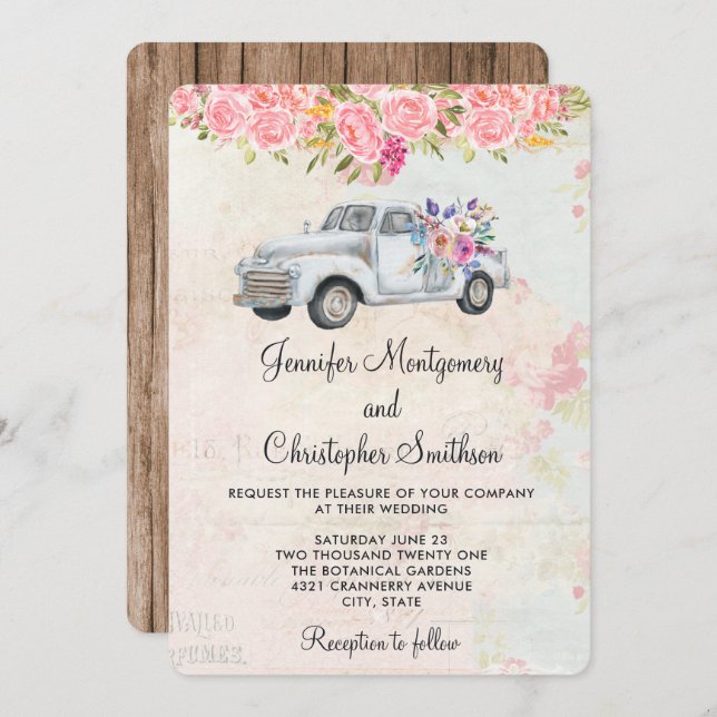 Invitation Camion de ramassage et fleurs Mariage d'aquarelle  (Devant / Derrière)