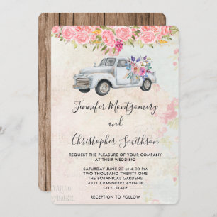 Invitation Camion de ramassage et fleurs Mariage d'aquarelle