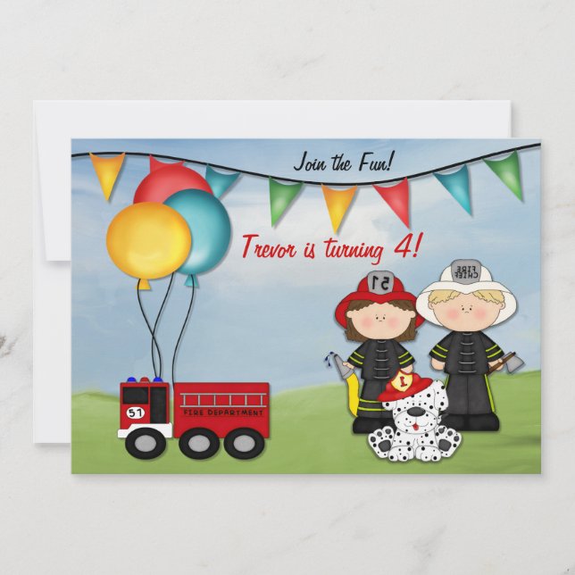 Invitation Camion d'incendie et petit pompier Anniversaire (Devant)
