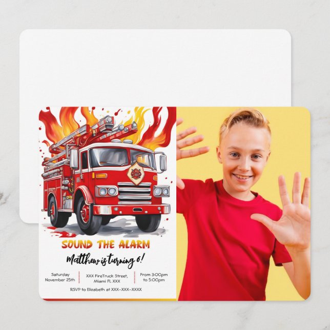 Invitation Camion d'incendie pour garçon modifiable photo d'a (Devant / Derrière)