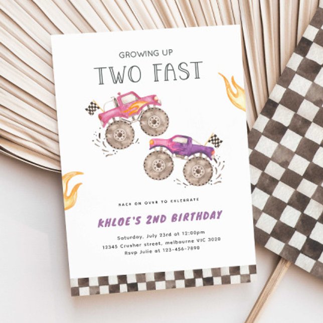 Invitation Camion Monster Rose Girl Deux Anniversaire Rapide (Créateur téléchargé)