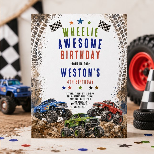 Invitation Camion Monstre Wheelie Awesome 4 ans garçon  (Wheelie Awesome Monster Truck 4Th Birthday boy Invitation
)