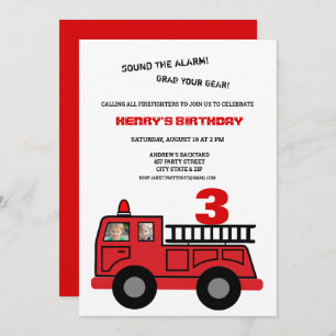 Invitation Camion Red Fire Deux photos Anniversaire