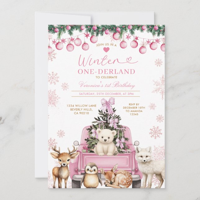 Invitation Camion Rose Hiver Premier Anniversaire Animaux (Devant)