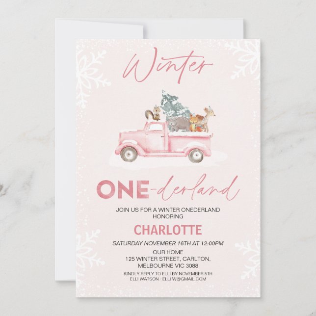 Invitation Camion rose Photo Winter Onederland 1er anniversai (Devant)