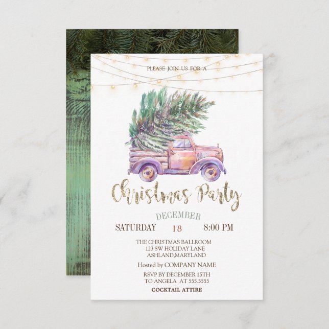 Invitation Camion rose Pine Trees, Lumières Bois Noël (Devant / Derrière)