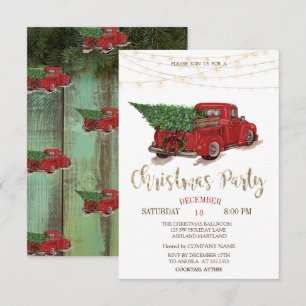 Invitation Camion rouge, arbre de pin illuminé, décor en bois