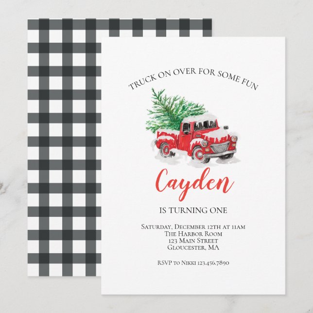 Invitation Camion Rouge de Premier Anniversaire d'Hiver (Devant / Derrière)