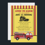 Invitation Camion rouge jaune rayures enfant anniversaire<br><div class="desc">Invitation pour la fête d'anniversaire d'un camion de pompier pour un enfant de 4 ans, ou n'importe quel âge. Tout le texte est personnalisable. Un camion de pompiers est assis sur un arrière - plan rayé rouge et blanc. Textes dit, "Sonne l'alarme !" Personnalisé avec le nom de votre enfant,...</div>
