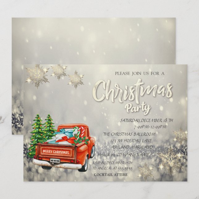 Invitation Camion rouge Pins Flou neigeux Noël (Devant / Derrière)