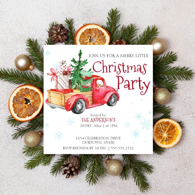 Invitation Camion rouge rustique vintage avec sapin de Noël (Christmas party red truck template invitation digital download)