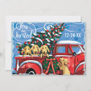 Invitation Camion rouge vintage avec Chiens Fête de Noël de l