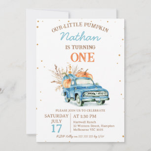 Invitation Camion Rustic Blue Citrouille Automne 1er annivers