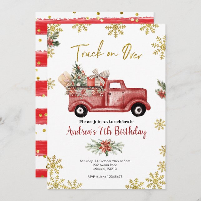 Invitation Camion sur Red Christmas Camion Anniversaire (Devant / Derrière)