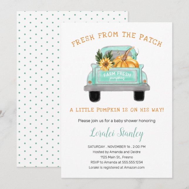 Invitation Camion vintage Avec Baby shower Automne Citrouille (Devant / Derrière)