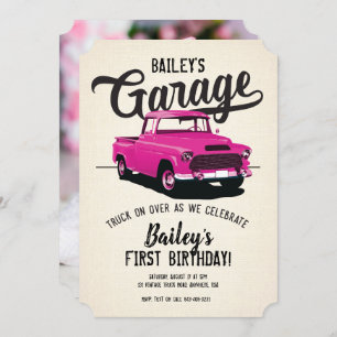 Invitation Camion Vintage rose Anniversaire Fête Photo Invita