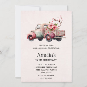 Invitation Camionnette de fermier vintage rose pour anniversa
