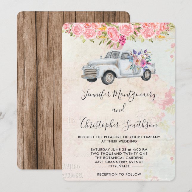 Invitation Camionnette et fleurs Mariage aquarelle rustique (Devant / Derrière)