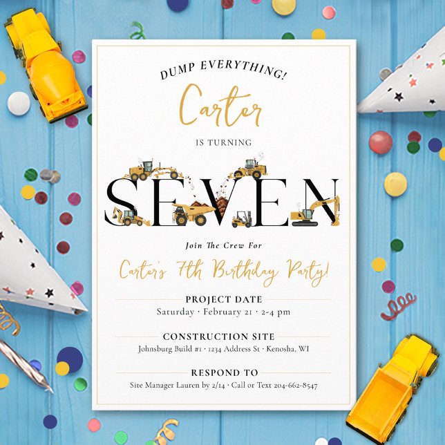 Invitation Camions à benne de construction 7e anniversaire ga (Cute construction trucks theme funny SEVEN boys 7th birthday party invitation dump everything digger)