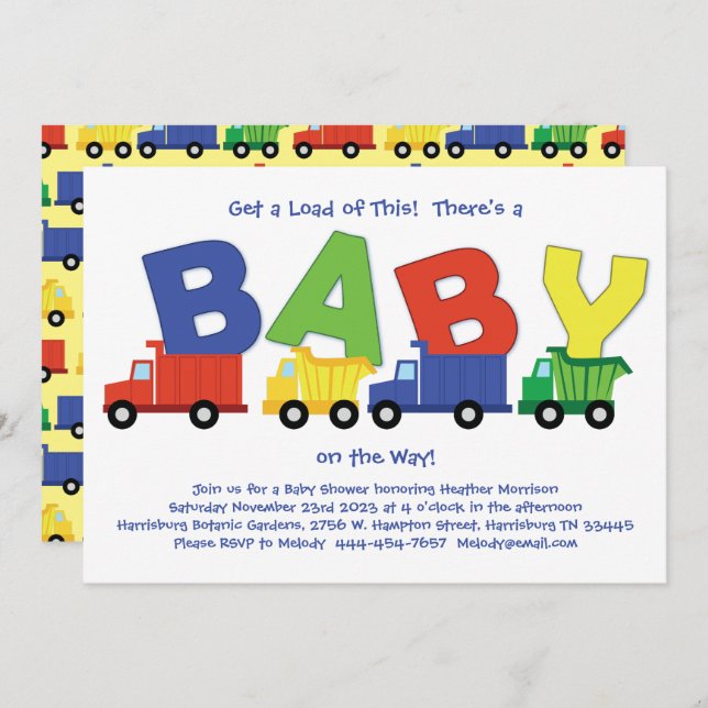 Invitation Camions Baby shower Camion Camion Garçon (Devant / Derrière)