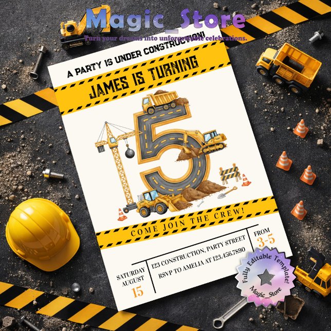Invitation Camions de chantier à l'aquarelle Fête d'anniversa (Créateur téléchargé)