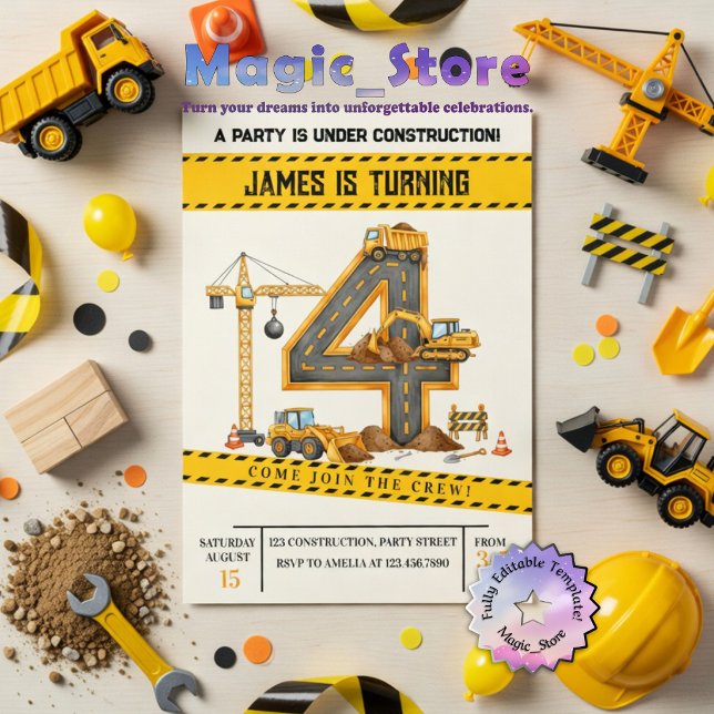 Invitation Camions de chantier à l'aquarelle Fête d'anniversa (Créateur téléchargé)