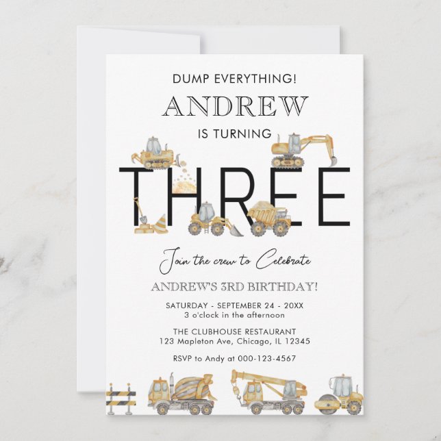 Invitation Camions de construction 3e anniversaire de fête In (Devant)