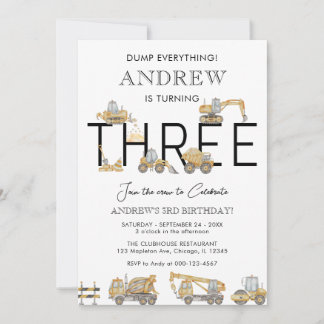 Invitation Camions de construction 3e anniversaire de fête In