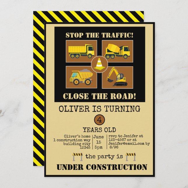 Invitation Camions de construction | Boys Thématique fête d'a (Devant / Derrière)