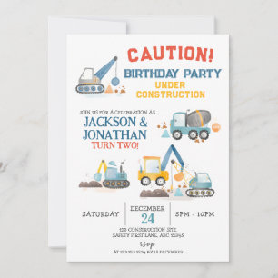 Invitation Camions de Construction, Fête d'anniversaire pour 