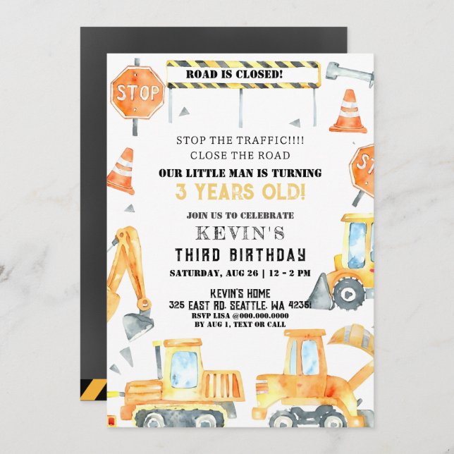 Invitation Camions de construction Jaune garçon fête d'annive (Devant / Derrière)