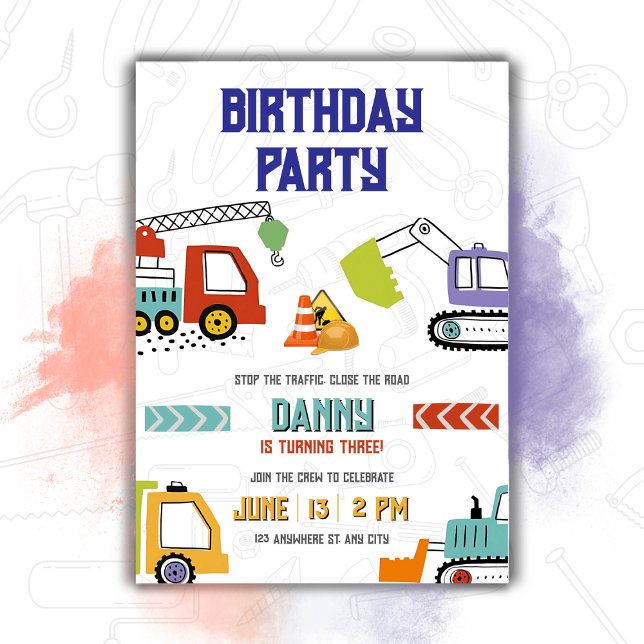 Invitation Camions de fête Thème de pelleteuse d'anniversaire (Créateur téléchargé)