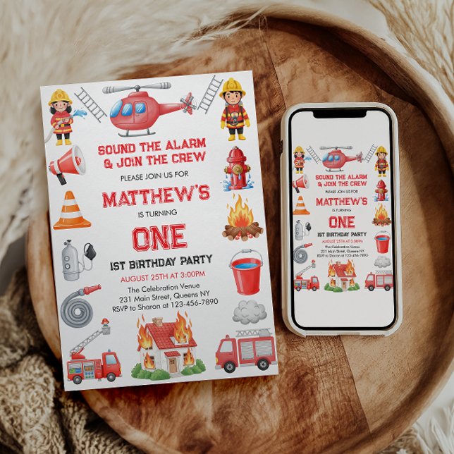 Invitation Camions de pompiers Garçon 1er Anniversaire | Peti (Firetrucks Boy 1st Birthday | Cute Little party Invitation
)