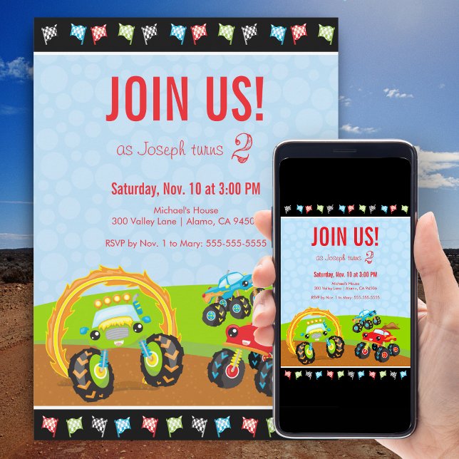 Invitation Camions Monster et drapeaux de course Fête d'anniv (Créateur téléchargé)