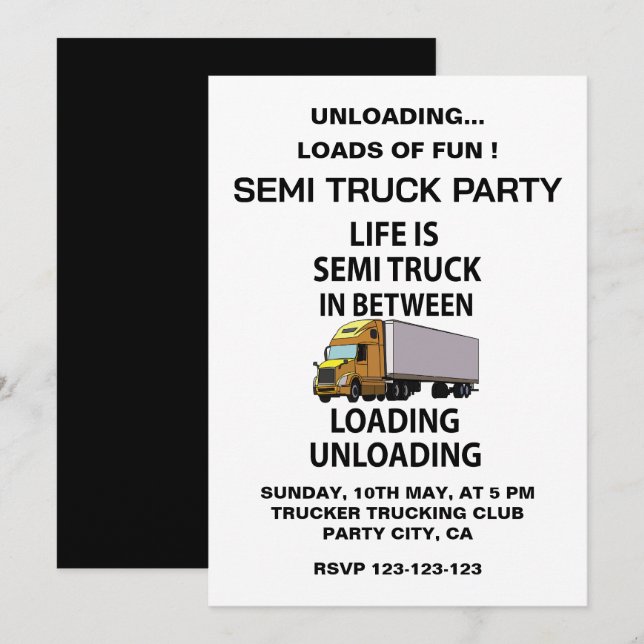 Invitation Camions Semi Camionneur Fête (Devant / Derrière)