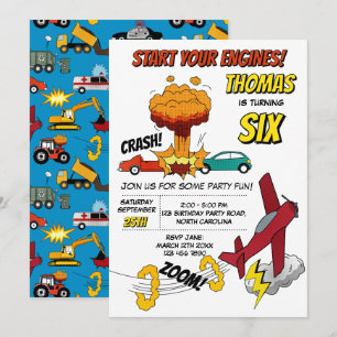 Invitation Camions Voitures Véhicules Avions Anniversaire de