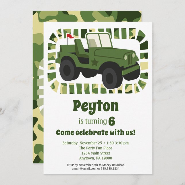 Invitation Camo Army Military Boys fête d'anniversaire (Devant / Derrière)