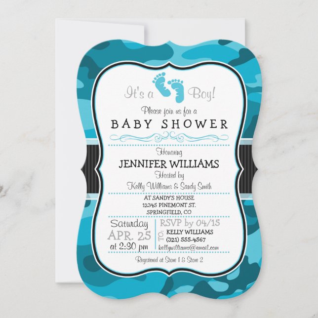 Invitation Camo Bleu, Baby shower Camouflage (Devant)