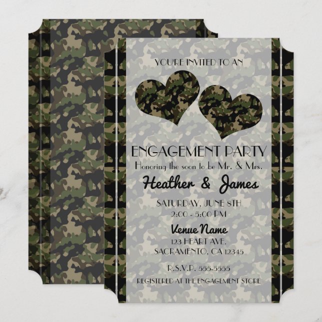 Invitation Camo Hearts Fête de Fiançailles Camouflage (Devant / Derrière)