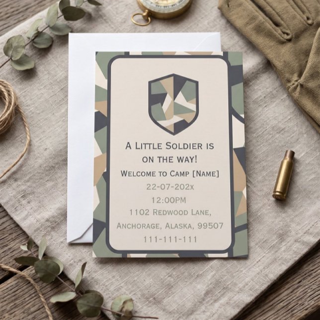 Invitation Camo Militaire Géométrique Moderne (Modern Geometric Camo Military Baby Shower Invitation)