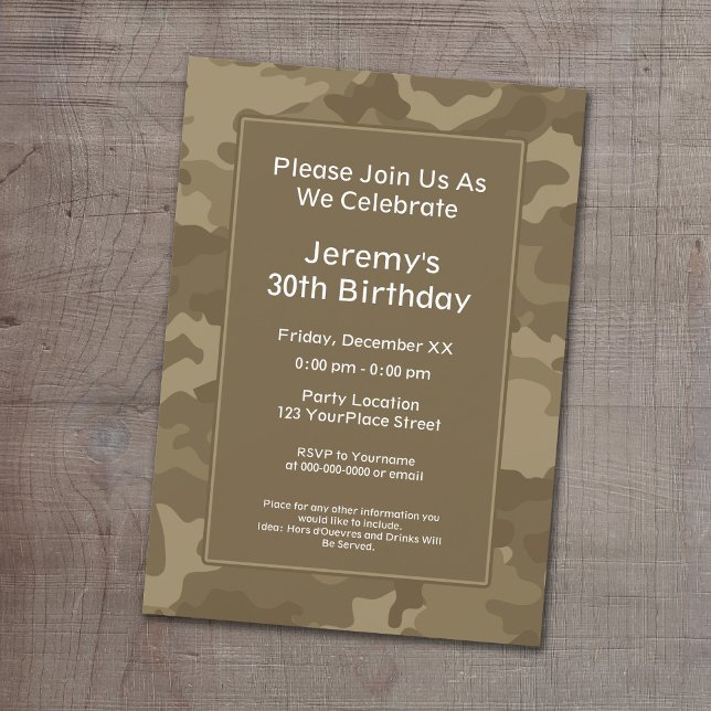 Invitation Camo Militaire Thème Anniversaire (Camouflage Birthday Party, Military graduation or cocktail party invitation.)