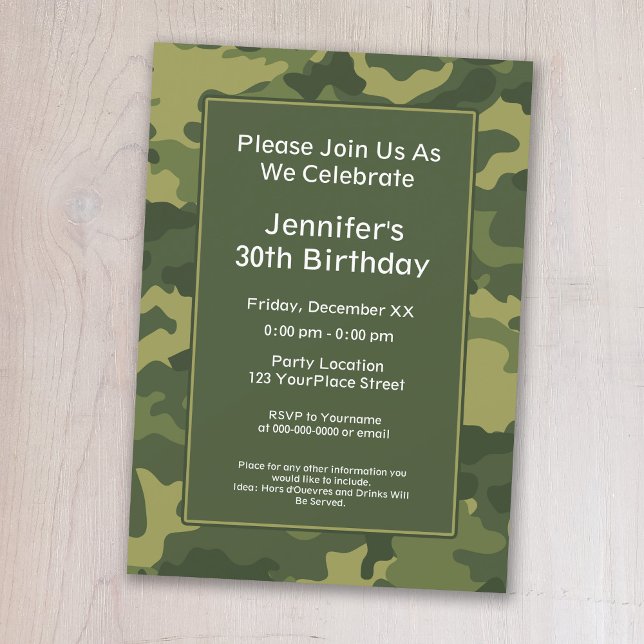 Invitation Camo Militaire Thème Anniversaire (A camouflage print birthday party invitation)