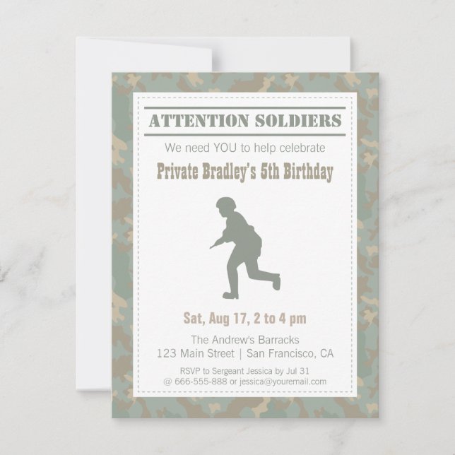 Invitation Camo Print Soldier Silhouette Army Anniversaire (Devant)
