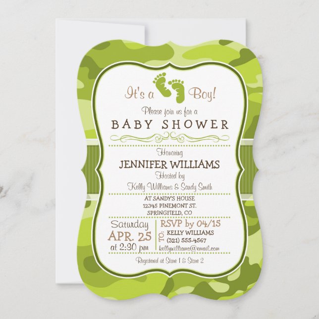 Invitation Camo Vert, Baby shower Camouflage (Devant)