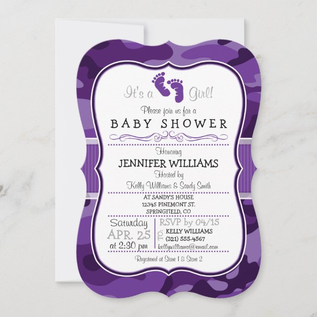 Invitation Camo violet violet, Baby shower Camouflage (Devant)