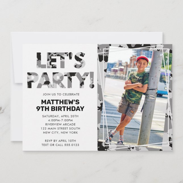 Invitation Camouflage Anniversaire, Faisons la fête Grey Camo (Devant)