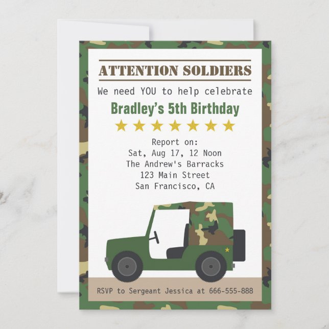 Invitation Camouflage militaire Motif Soldat Boy Anniversaire (Devant)