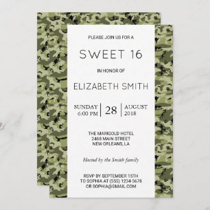 Invitation Camouflage Motif, Camo, Militaire, Sweet 16